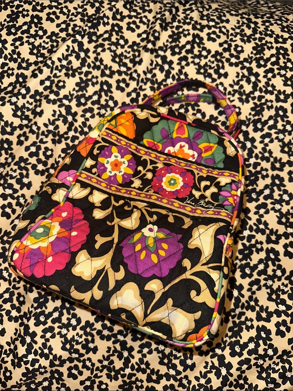 Vera Bradley Black Quilted Backpack with Purple, Pink & Green Floral Print